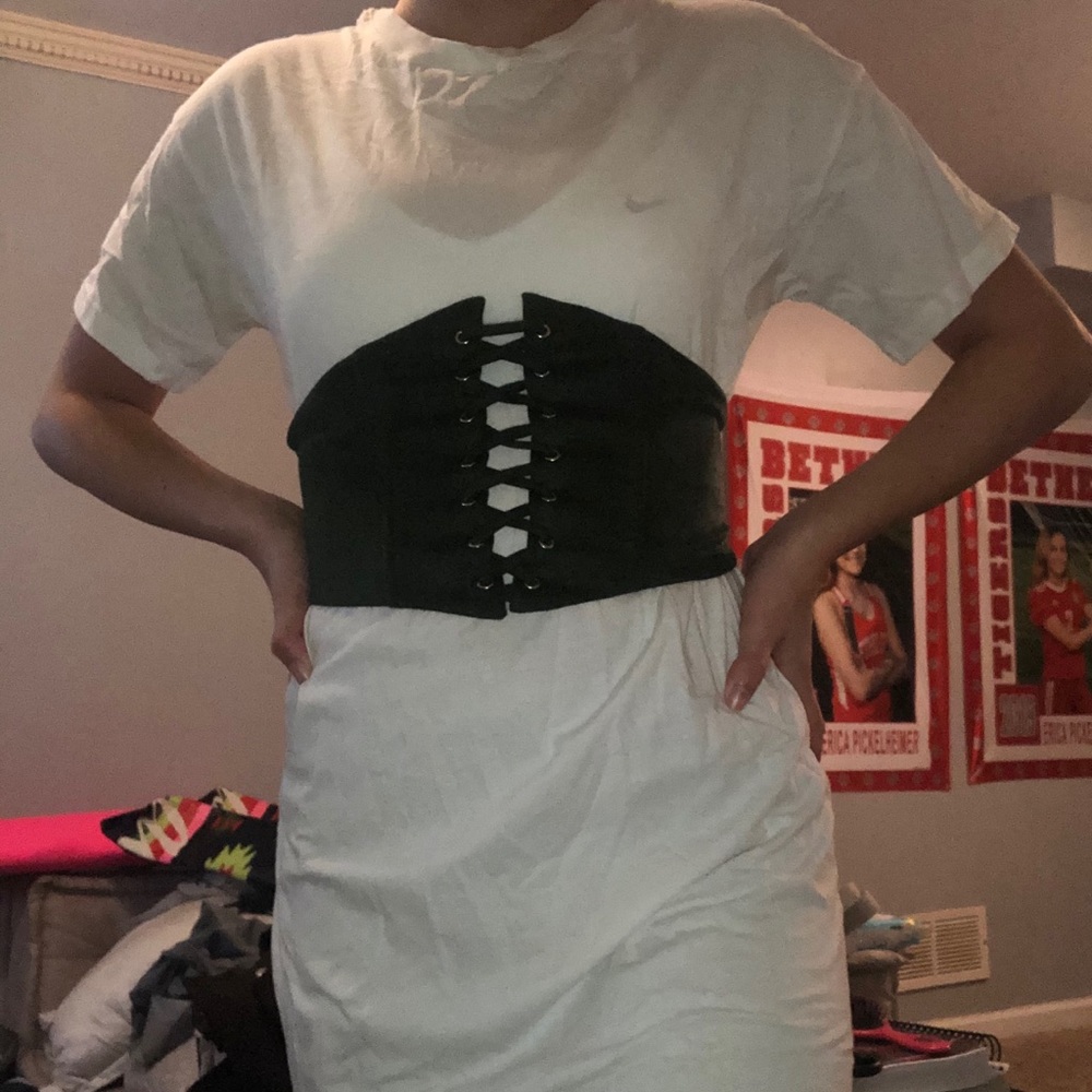 Long white T-shirt dress with a corset